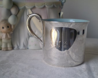 Silver Baby CUP with blue lining- Reed & Barton Silverplated baby cup- monogram CTB- Reed n Barton #865 initialed infant mug-silver cup EM