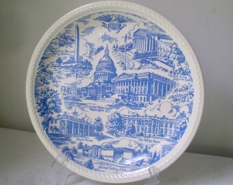 WASHINGTON D.C. Midcentury Souvenir PLATE- Homer Laughlin blue and white Washington Plate- White House, Mt. Vernon, U.S. Capitol, Court
