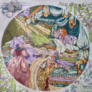 PRINCESSE et le PEA tapisserie - image de point de conte de fées cousue à la main pour finir - toile peinte à la main de concepteur - fond de bricolage