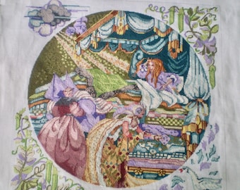 PRINCESS and the PEA needlepoint- hand stitched fairy tale needlepoint picture to finish- designer hand painted canvas- DIY background