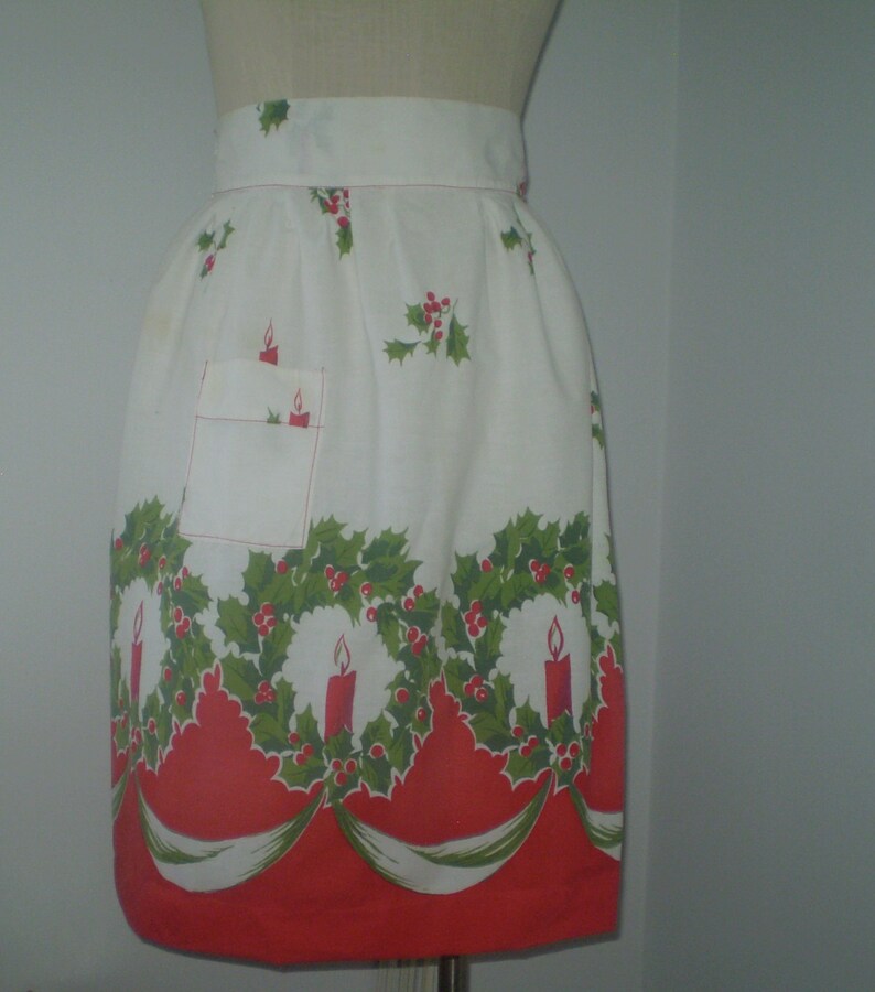 Reserved for Ellen Retro holiday apron Xmas Candles apron tall gal apron Vintage Holiday half apron handmade cotton print apron