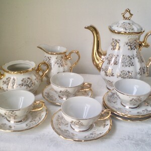 1965 GOLD ROSE TEA Service- Bavarian gold & white tea service for 4- fancy gold tea pot and teacups- 22K gold trim tea set- bone china