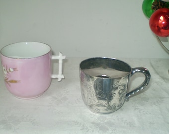 Antique MUSTACHE CUPS- choose your mustache cup from 1900- Silverplate Mustache cup- Pink china mustache cup-men's Mustache cup