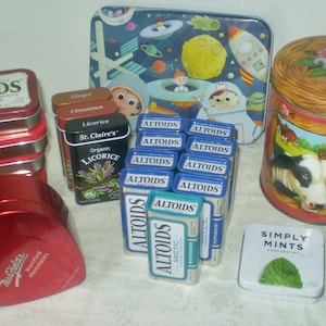 20 SMALL TINS for repurposing- Altoid tins, Heart tin, puzzle tin, mints tins- rectangle tins, flip tops, loose lid tins- store small stuff