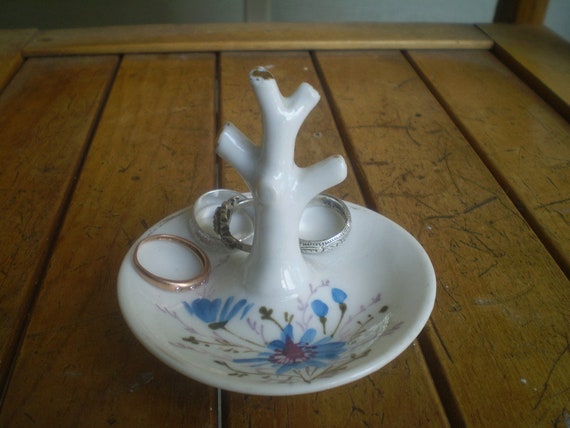 Antique RING DISH- vintage ceramic ring saver tree- ceramic ring holder- hand painted porcelain ring holder from 1940s