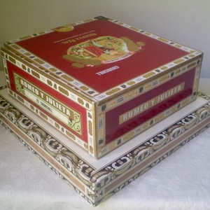 2 CIGAR BOXES in like new condition- Empty Cigar box pair- Arturo Fuente & Reserva Real Romeo y Julieta- red n white cigar boxes to craft