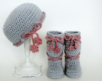 Crochet Pattern- Baby Hat, Baby Booties, Slippers, Girl, Boy, Size Preemie, Newborn, 3 Month, 6 Month, 1 Year, MeadowvaleStudio # 135