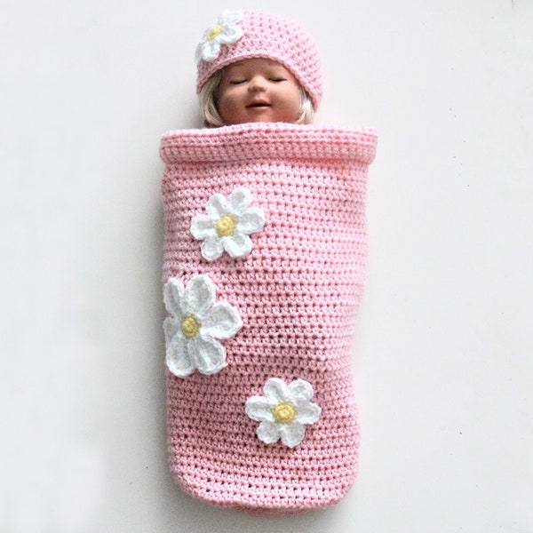 Crochet Pattern - Baby Girl Cocoon - Hat with Flowers - Easy  5 Sizes Preemie, Newborn, 0 to 6 Months, 6 to 12 Months, 12 to 18 Months # 357