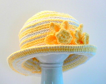 Crochet Pattern - Girls Hat, Spring Hat, Summer Hat, Daffodils and Sunshine, Sizes Baby, Toddler, Girls, Teen, Womens, Ladies Large # 124