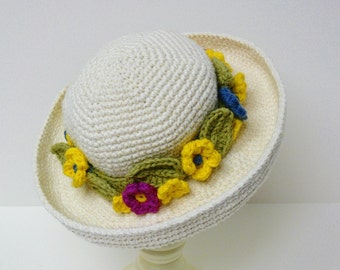 Crochet Pattern - Wide Stiff Brim - Hat - Flowers - Bow - Sun Hat - Summer Hat - Spring - Easter - Baby, Toddler, Girls, Womens, L. XL  #106