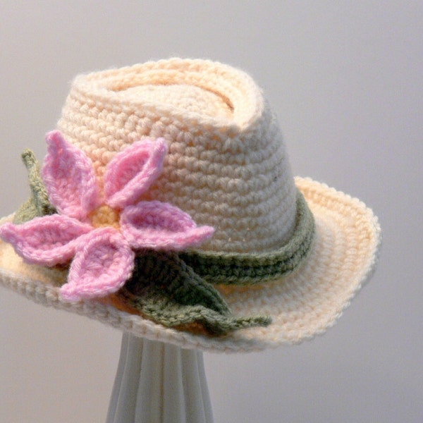Crochet Pattern - Fedora Girls Hat with Flower Sun Hat Brim Sizes Baby, Toddler, Girls, Teen, Womens, Ladies Large Meadowvale Studio # 111