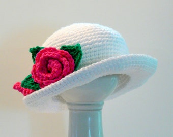 Crochet Pattern - Wide Brim Sun Hat - Spring, Summer Hat - Flower Rose - Size Toddler, Girl's, Teen, Womens M, L, XL # 127