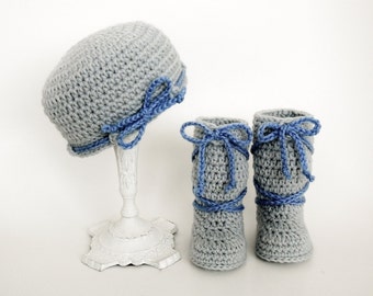 Crochet Pattern- Baby Hat, Baby Booties, Girl, Boy, Slippers, Size Preemie, Newborn, 3 Month, 6 Month, 1 Year, MeadowvaleStudio # 135