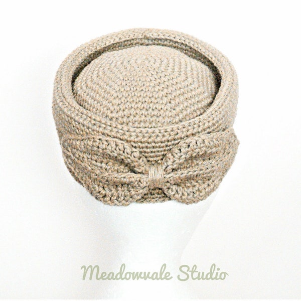 Crochet Pattern - Leaf Bow Pill Box Hat. Womens Small, Medium, Large, X Large, XX Large Meadowvale Studio # 250