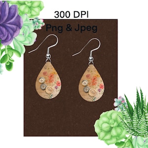 May include: A pair of teardrop-shaped earrings with a floral pattern and buttons. The earrings are made of a brown material and have silver hooks.