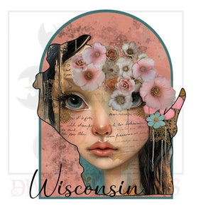 May include: A digital illustration of a woman's face with a floral crown. The woman's face is partially obscured by the flowers. The background is a pink and peach color with the word "Wisconsin" written in black at the bottom.