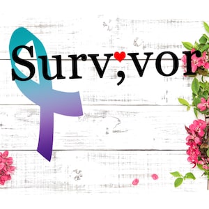 May include: A teal and purple ribbon with the word "Survivor" and a red heart in the center, on a white wood background with pink flowers.