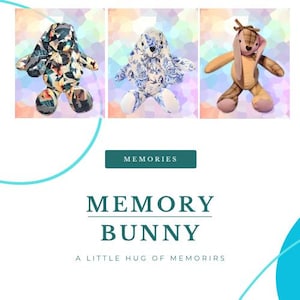 May include: Three plush bunnies featuring different fabric patterns. The first has a dark tropical leaf print, the second a blue and white floral design, and the third a tan and brown plaid pattern. Text reads MEMORIES MEMORY BUNNY A LITTLE HUG OF MEMORIRS.