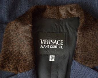 vintage Versace couture suit dark blue buttoned animal plush collared loose fit blazer jacket 80s // M