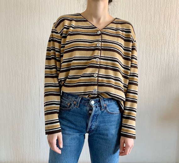brown and yellow striped wool ribbed button down c