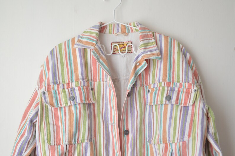 vintage pastel striped oversized baggy fit grunge denim jeans jacket 80s L