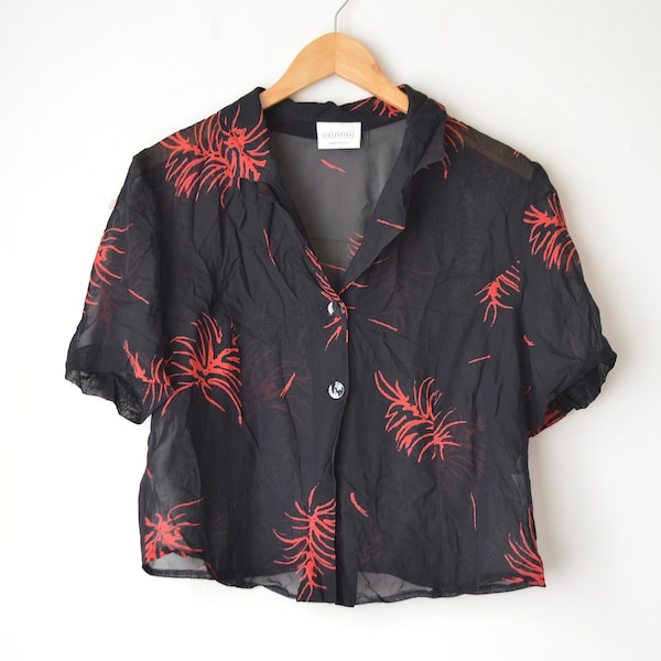 vintage 90s black and red floral pattern sheer button down cropped oversized shirt blouse // M-L