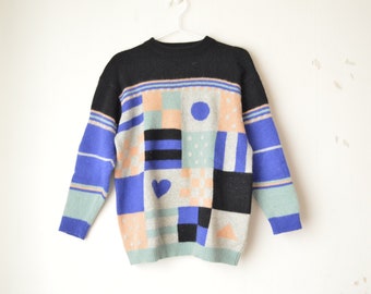 SALE // vintage angora blend abstract geometric knit crew neck fluffy sweater pullover 90s // S-M