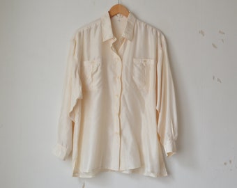 vintage 1980s cream ivory silk button down long sleeves oversized shirt blouse // L-XL