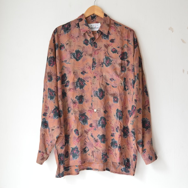 vintage 90s men's brown rose floral pattern button down long leeves loose fit shirt // L