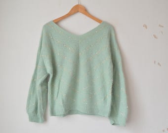 mint green angora boat neck loose fit oversized knit sweater pullover // M