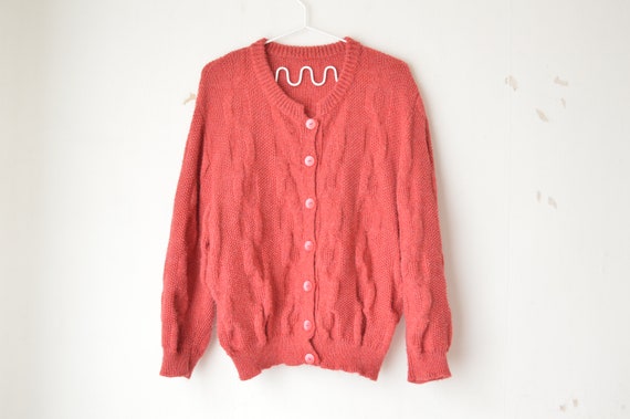 vintage faded red hand knit mohair wool button dow