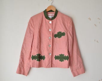 Oostenrijks roze en groen linnen folkloristische Tiroler dirndlblazer uit de jaren 90 // M