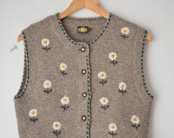 vintage 80s Austrian floral embroidered brown wool tyrolean folk dirndl vest gilet // S