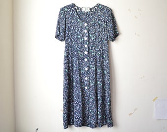 Vintage Austrian 1980s dark blue floral pattern buttoned folk tyrolean dirndl dress // M-L