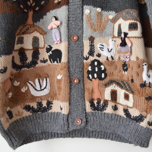 Vintage 1980s gray novelty 3D embroidered farm scenic alpaca wool peruvian hand knitted cardigan // S-M