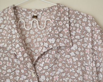 vintage hellbraunes florales Blattmuster oversized zugeknöpft Vintage Grandma Shirt Bluse 80s // L
