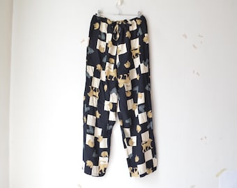 Vintage 1990s checked plaid black lion animal pattern wide leg culotte lounge pants // M-L