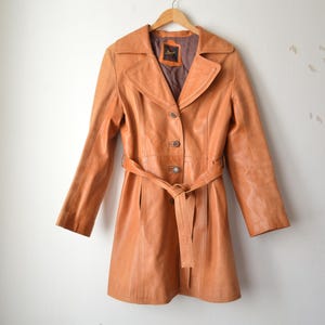 Vintage 1980s brown leather trench long jacket coat // S-M