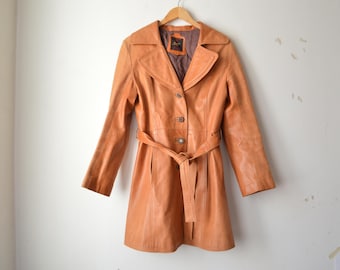 Vintage 1980s brown leather trench long jacket coat // S