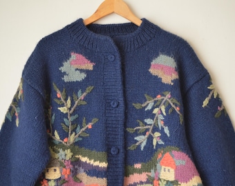 Vintage 1970s hand knitted house novelty embroidered wool oversized jacket cardigan // L-XL