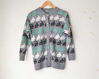 Vintage 1990s bunny pattern gray and green button down wool blend knit cardigan // S