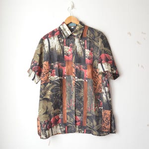 Vintage 1980s silk abstract floral pattern button down oversized baggy collared shirt blouse // L