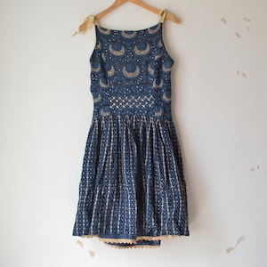 Vintage 1960s dark blue and gold embroidered sleeveless mini midi evening dress // S