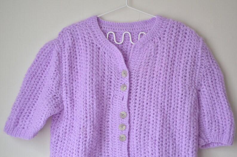 vintage pastel purple hand knit button down short sleeves top cardigan 80s M