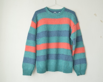 Vintage 90s striped green and pink hand knit wool blend oversized sweater pullover // M-L