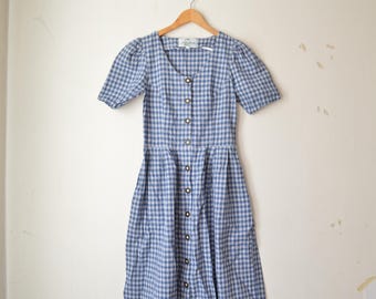 1990s blau kariertes Vichykaro Dirndl Maxikleid // XS