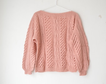 vintage 80s dusty pink hand knit wool blend structured oversized sweater pullover // M-L