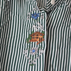 vintage 80s Austrian dark green striped novelty embroidered folk tyrolean shirt blouse // L-XL