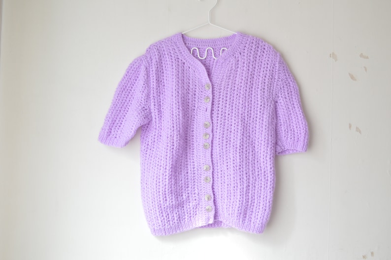 vintage pastel purple hand knit button down short sleeves top cardigan 80s M