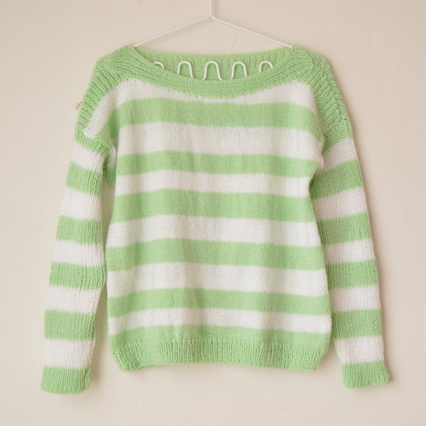 vintage hand knit mint green and white striped wool blend sweater pullover 1980s // S-M